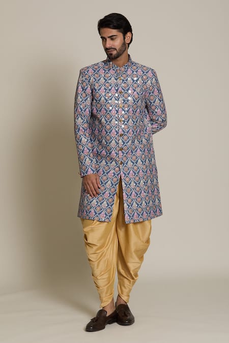 Shop Arihant Rai Sinha Gold Silk, Cotton Sequins, Embroidery Floral Sherwani Set Online at Aza Fashions Shop_Arihant Rai Sinha_Gold Silk, Cotton Sequins, Embroidery Floral Sherwani Set _Online_at_Aza_Fashions
