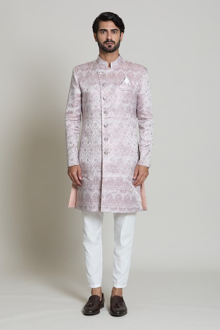 Arihant Rai Sinha White Silk, Jacquard Chevron Woven Sherwani Set Online at Aza Fashions Arihant Rai Sinha_White Silk, Jacquard Chevron Woven Sherwani Set _Online_at_Aza_Fashions