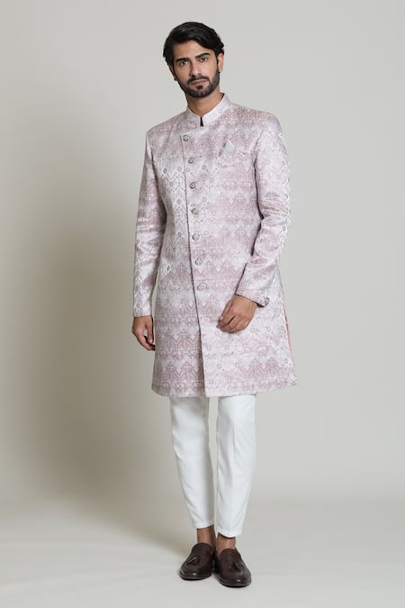 Shop Arihant Rai Sinha White Silk, Jacquard Chevron Woven Sherwani Set Online at Aza Fashions Shop_Arihant Rai Sinha_White Silk, Jacquard Chevron Woven Sherwani Set _Online_at_Aza_Fashions