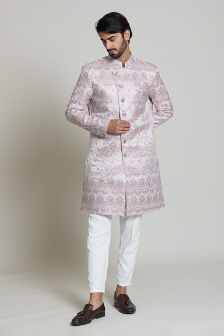 Arihant Rai Sinha White Silk, Jacquard Chevron Woven Sherwani Set at Aza Fashions Arihant Rai Sinha_White Silk, Jacquard Chevron Woven Sherwani Set _at_Aza_Fashions