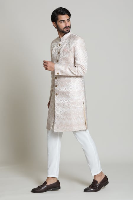 Buy_Arihant Rai Sinha_White Acrylic, Jacquard Chevron Woven Sherwani Set_Online_at_Aza_Fashions