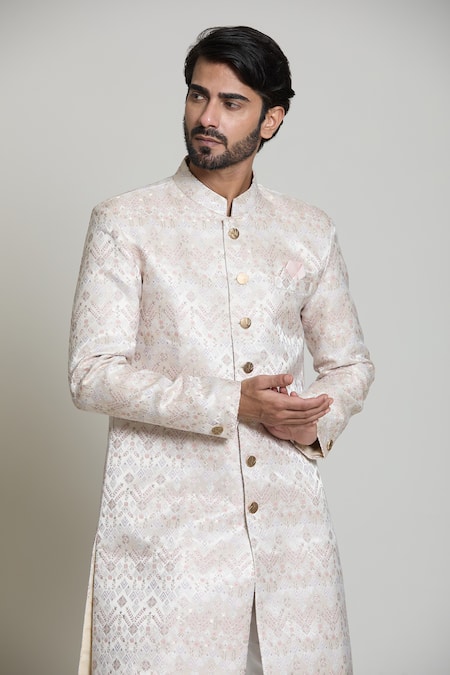 Shop_Arihant Rai Sinha_White Acrylic, Jacquard Chevron Woven Sherwani Set_Online_at_Aza_Fashions