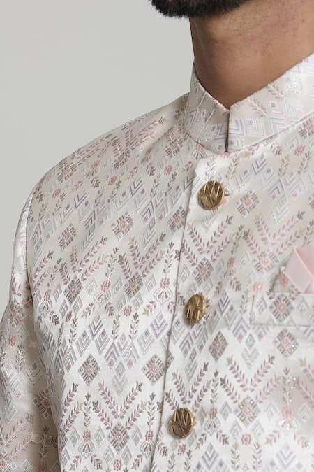 Arihant Rai Sinha_White Acrylic, Jacquard Chevron Woven Sherwani Set_at_Aza_Fashions