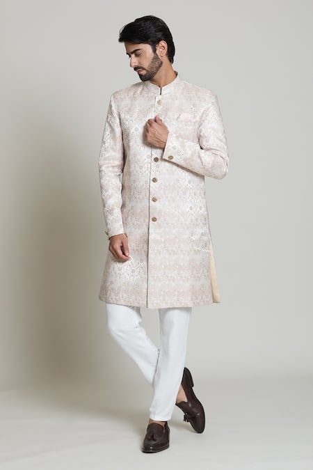 Buy_Arihant Rai Sinha_White Acrylic, Jacquard Chevron Woven Sherwani Set