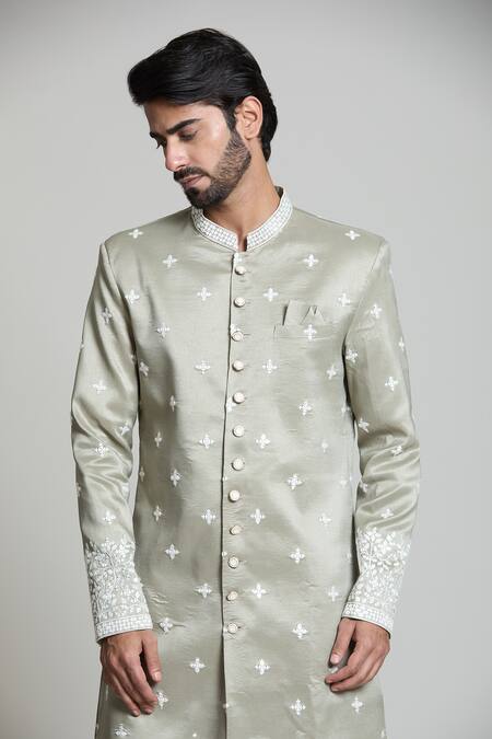 Arihant Rai Sinha_White , Satin Sequins, Embroidery Geometric Sherwani And Pant Set _Online_at_Aza_Fashions