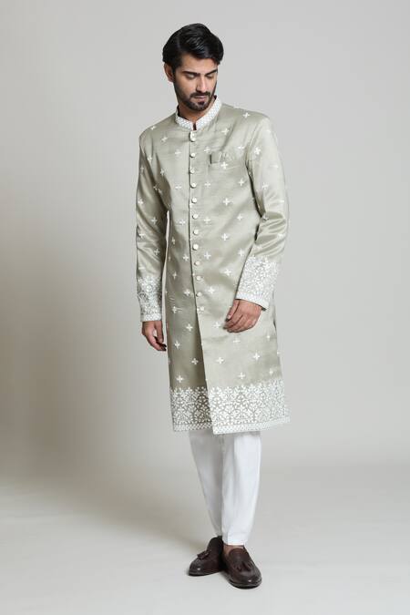 Shop_Arihant Rai Sinha_White , Satin Sequins, Embroidery Geometric Sherwani And Pant Set _Online_at_Aza_Fashions