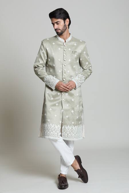Arihant Rai Sinha_White , Satin Sequins, Embroidery Geometric Sherwani And Pant Set _at_Aza_Fashions