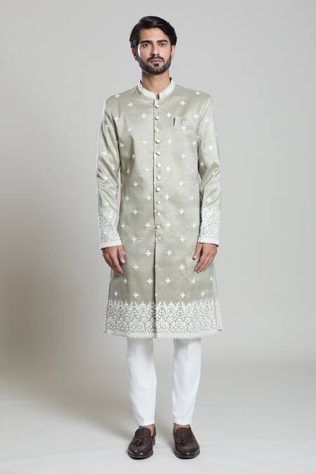 Buy_Arihant Rai Sinha_White , Satin Sequins, Embroidery Geometric Sherwani And Pant Set 