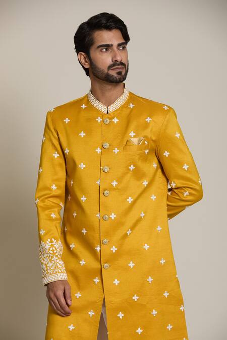 Shop_Arihant Rai Sinha_White , Satin Sequins, Embroidery Sherwani And Pant Set _Online_at_Aza_Fashions