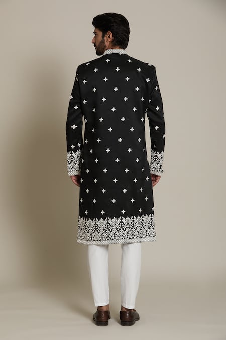 Shop_Arihant Rai Sinha_White Acrylic, , Satin Embroidery, Black Thread And Sherwani Set _at_Aza_Fashions