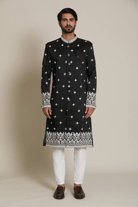 Arihant Rai Sinha_White Acrylic, , Satin Embroidery, Black Thread And Sherwani Set _Online_at_Aza_Fashions