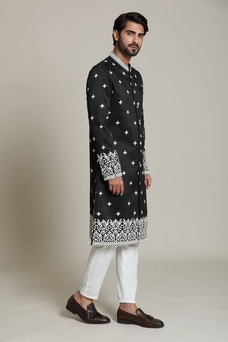 Buy_Arihant Rai Sinha_White Acrylic, , Satin Embroidery, Black Thread And Sherwani Set _Online_at_Aza_Fashions