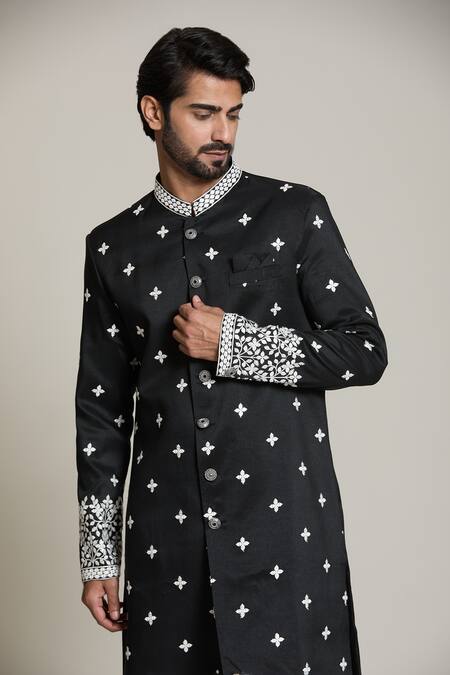 Shop_Arihant Rai Sinha_White Acrylic, , Satin Embroidery, Black Thread And Sherwani Set _Online_at_Aza_Fashions