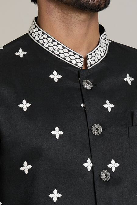 Arihant Rai Sinha_White Acrylic, , Satin Embroidery, Black Thread And Sherwani Set _at_Aza_Fashions