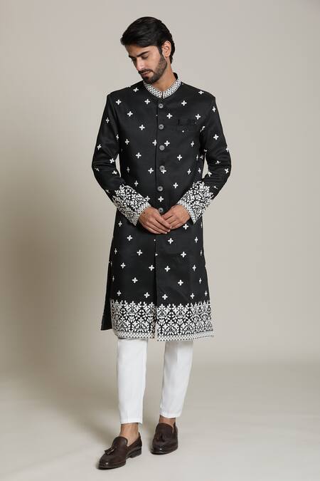 Buy_Arihant Rai Sinha_White Acrylic, , Satin Embroidery, Black Thread And Sherwani Set 
