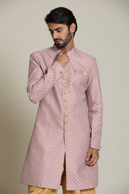 Buy_Arihant Rai Sinha_Purple Jacquard, Silk Embroidery Mughal Floral Woven Sherwani Set _Online_at_Aza_Fashions