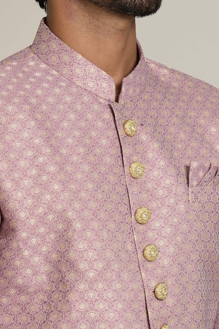Shop_Arihant Rai Sinha_Purple Jacquard, Silk Embroidery Mughal Floral Woven Sherwani Set _Online_at_Aza_Fashions