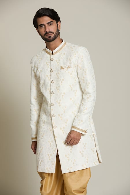 Buy_Arihant Rai Sinha_Gold Silk, Jacquard Embroidery Flower Woven Sherwani Set _Online_at_Aza_Fashions