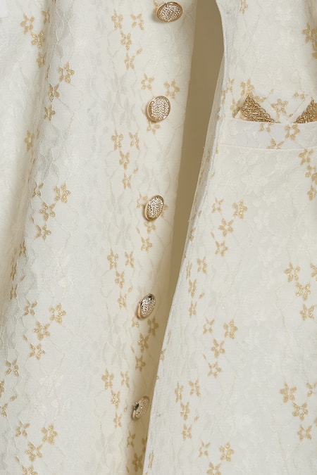 Shop_Arihant Rai Sinha_Gold Silk, Jacquard Embroidery Flower Woven Sherwani Set _Online_at_Aza_Fashions