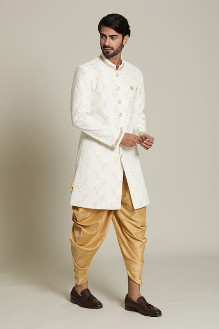 Arihant Rai Sinha_Gold Silk, Jacquard Embroidery Flower Woven Sherwani Set _at_Aza_Fashions