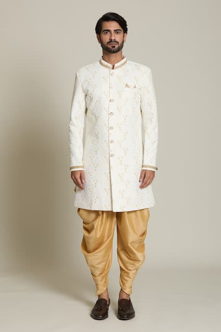 Shop_Arihant Rai Sinha_Gold Silk, Jacquard Embroidery Flower Woven Sherwani Set 