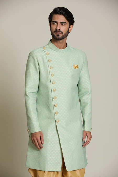 Shop_Arihant Rai Sinha_Gold Silk, Jacquard Embroidery Lotus Woven Sherwani Set _Online_at_Aza_Fashions