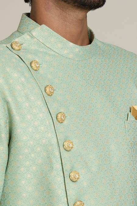 Arihant Rai Sinha_Gold Silk, Jacquard Embroidery Lotus Woven Sherwani Set _at_Aza_Fashions