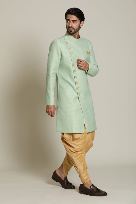 Shop_Arihant Rai Sinha_Gold Silk, Jacquard Embroidery Lotus Woven Sherwani Set 