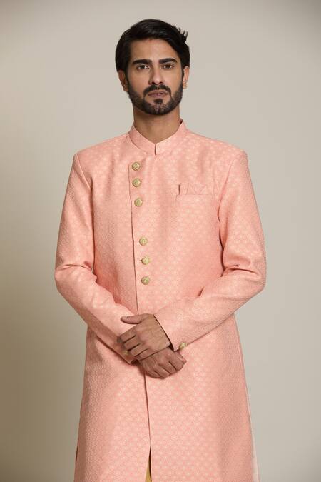 Shop Arihant Rai Sinha Peach Jacquard, Pashmina Embroidery Mughal Sherwani Set Online at Aza Fashions Shop_Arihant Rai Sinha_Peach Jacquard, Pashmina Embroidery Mughal Sherwani Set _Online_at_Aza_Fashions
