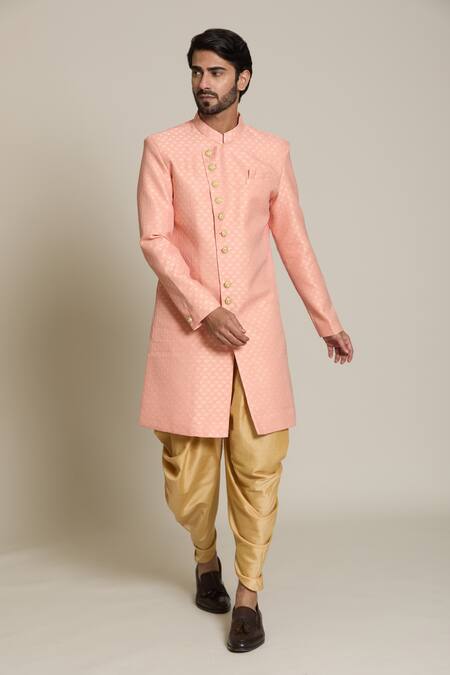 Buy Arihant Rai Sinha Peach Jacquard, Pashmina Embroidery Mughal Sherwani Set Buy_Arihant Rai Sinha_Peach Jacquard, Pashmina Embroidery Mughal Sherwani Set
