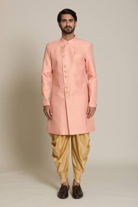 Shop Arihant Rai Sinha Peach Jacquard, Pashmina Embroidery Mughal Sherwani Set Shop_Arihant Rai Sinha_Peach Jacquard, Pashmina Embroidery Mughal Sherwani Set