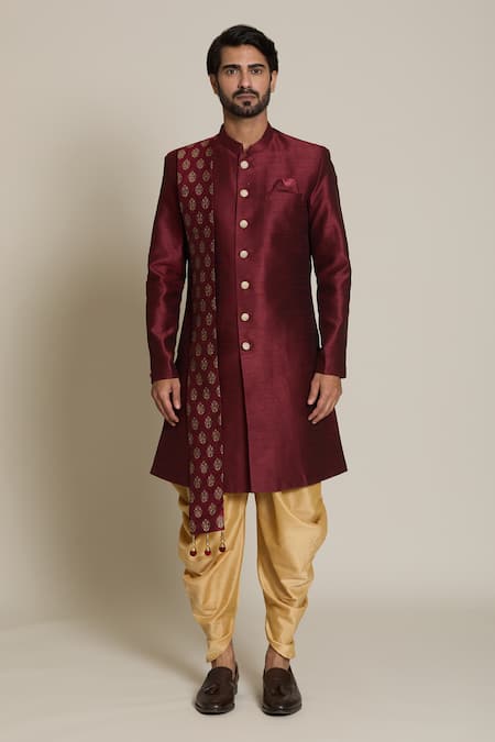 Buy_Arihant Rai Sinha_Gold Silk Embroidery Floral Woven Maroon Sherwani Set _Online_at_Aza_Fashions