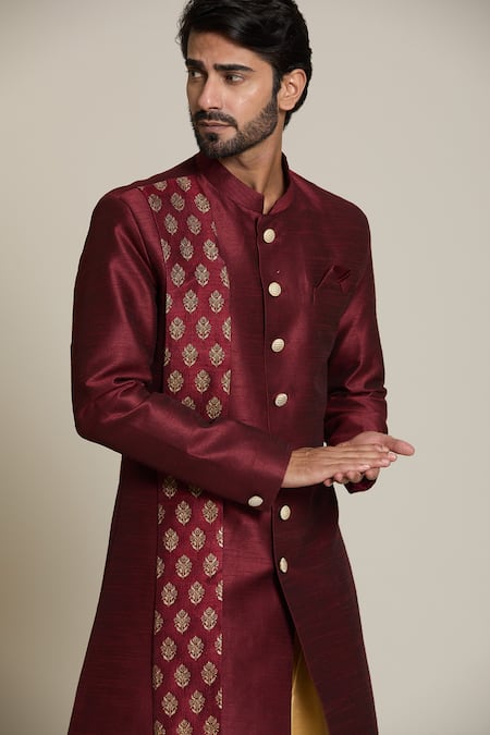 Shop_Arihant Rai Sinha_Gold Silk Embroidery Floral Woven Maroon Sherwani Set _Online_at_Aza_Fashions