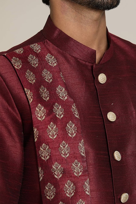 Arihant Rai Sinha_Gold Silk Embroidery Floral Woven Maroon Sherwani Set _at_Aza_Fashions