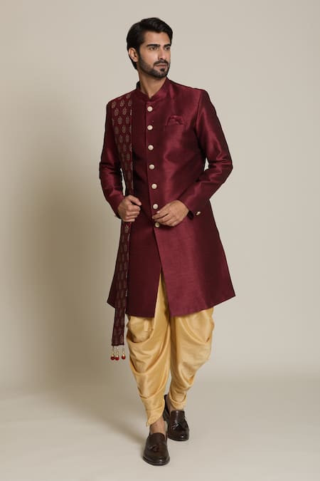 Buy_Arihant Rai Sinha_Gold Silk Embroidery Floral Woven Maroon Sherwani Set 