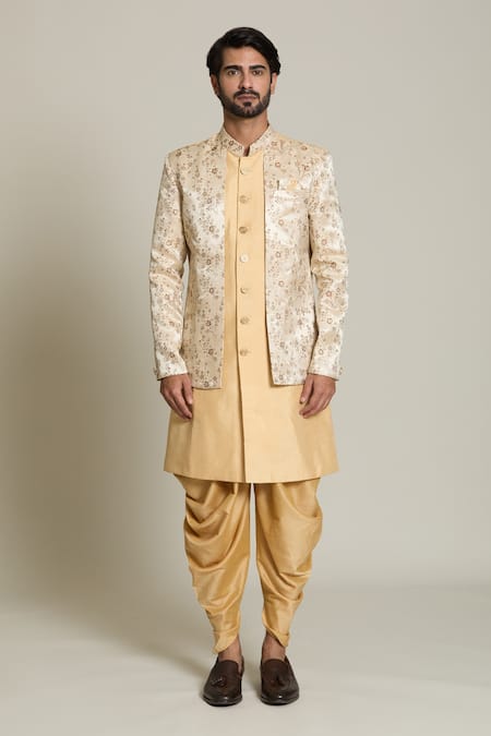 Buy_Arihant Rai Sinha_Gold Silk, Jacquard Embroidery Floral Woven Sherwani Set _Online_at_Aza_Fashions