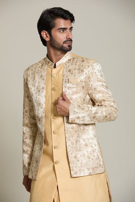 Shop_Arihant Rai Sinha_Gold Silk, Jacquard Embroidery Floral Woven Sherwani Set _Online_at_Aza_Fashions