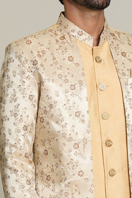 Arihant Rai Sinha_Gold Silk, Jacquard Embroidery Floral Woven Sherwani Set _at_Aza_Fashions
