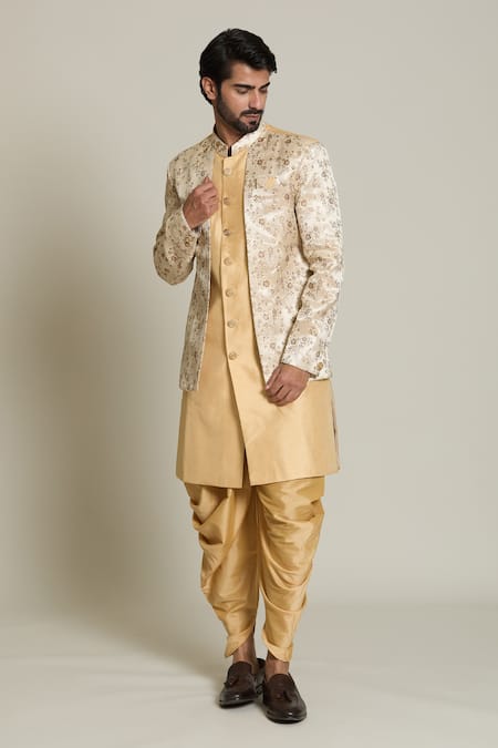 Buy_Arihant Rai Sinha_Gold Silk, Jacquard Embroidery Floral Woven Sherwani Set 