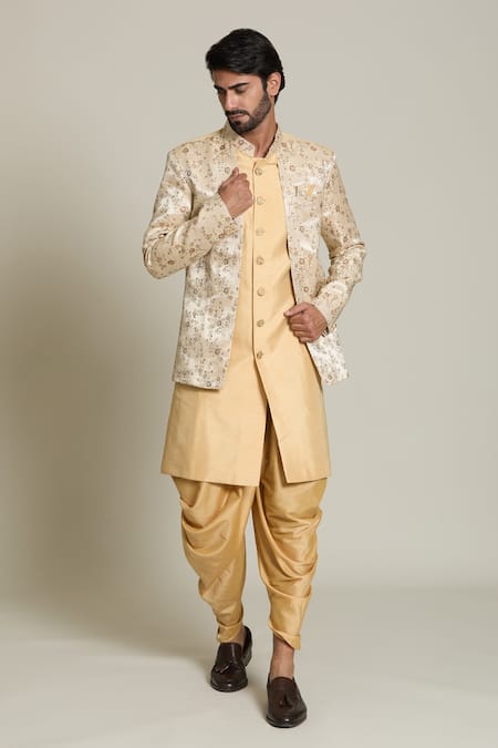 Shop_Arihant Rai Sinha_Gold Silk, Jacquard Embroidery Floral Woven Sherwani Set 