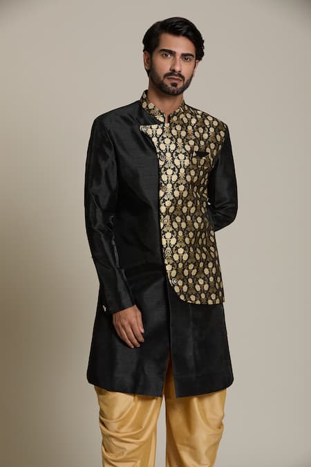Arihant Rai Sinha_Black Silk, Jacquard, Pashmina Embroidery Lotus Placement Woven Sherwani Set _Online_at_Aza_Fashions