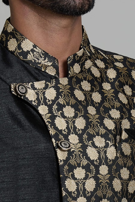 Buy_Arihant Rai Sinha_Black Silk, Jacquard, Pashmina Embroidery Lotus Placement Woven Sherwani Set _Online_at_Aza_Fashions