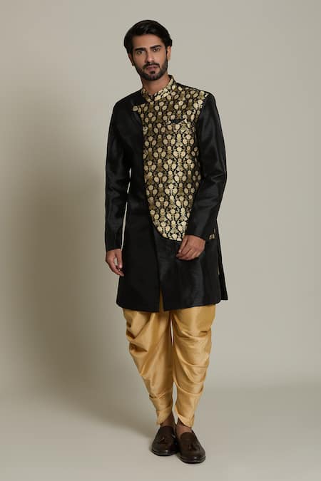 Shop_Arihant Rai Sinha_Black Silk, Jacquard, Pashmina Embroidery Lotus Placement Woven Sherwani Set _Online_at_Aza_Fashions