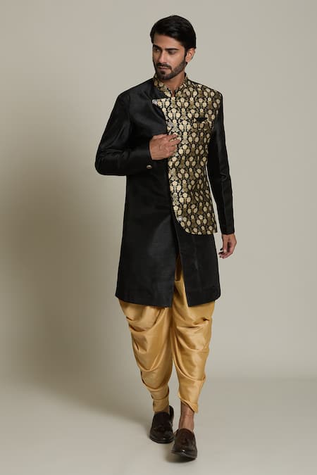 Arihant Rai Sinha_Black Silk, Jacquard, Pashmina Embroidery Lotus Placement Woven Sherwani Set _at_Aza_Fashions