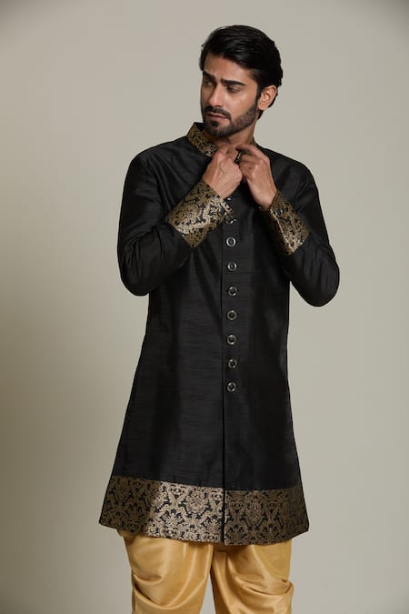Arihant Rai Sinha Gold Silk, Jacquard Embroidery Floral Woven Sherwani Set at Aza Fashions Arihant Rai Sinha_Gold Silk, Jacquard Embroidery Floral Woven Sherwani Set _at_Aza_Fashions