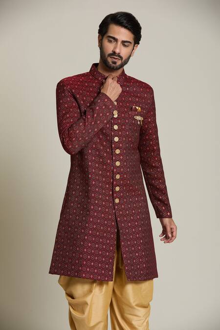 Buy Arihant Rai Sinha Gold Faux Leather, Jacquard, Silk Geometric Woven Sherwani Set Online at Aza Fashions Buy_Arihant Rai Sinha_Gold Faux Leather, Jacquard, Silk Geometric Woven Sherwani Set _Online_at_Aza_Fashions