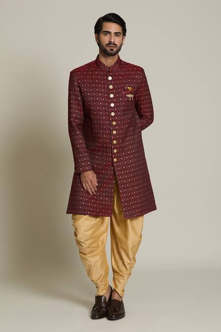 Arihant Rai Sinha Gold Faux Leather, Jacquard, Silk Geometric Woven Sherwani Set at Aza Fashions Arihant Rai Sinha_Gold Faux Leather, Jacquard, Silk Geometric Woven Sherwani Set _at_Aza_Fashions