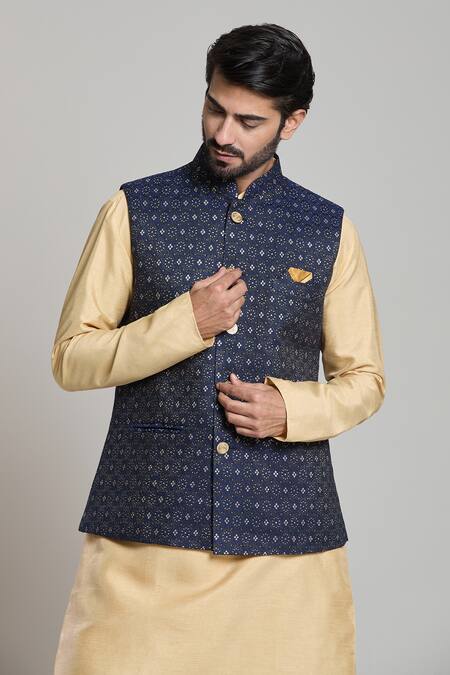 Arihant Rai Sinha Blue Jacquard, Silk Embroidery Geometric Woven Bundi And Kurta Set Online at Aza Fashions Arihant Rai Sinha_Blue Jacquard, Silk Embroidery Geometric Woven Bundi And Kurta Set _Online_at_Aza_Fashions