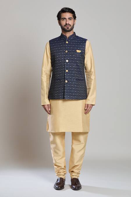 Shop Arihant Rai Sinha Blue Jacquard, Silk Embroidery Geometric Woven Bundi And Kurta Set Online at Aza Fashions Shop_Arihant Rai Sinha_Blue Jacquard, Silk Embroidery Geometric Woven Bundi And Kurta Set _Online_at_Aza_Fashions