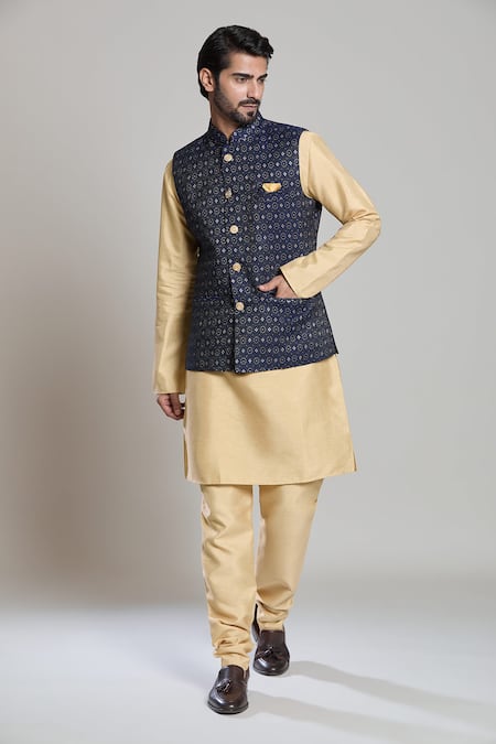 Arihant Rai Sinha Blue Jacquard, Silk Embroidery Geometric Woven Bundi And Kurta Set at Aza Fashions Arihant Rai Sinha_Blue Jacquard, Silk Embroidery Geometric Woven Bundi And Kurta Set _at_Aza_Fashions